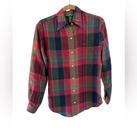 POLO  RALPH  LAUREN~ Plaid Linen Button-Up Shirt~ PETITE M - Picture 3 of 12